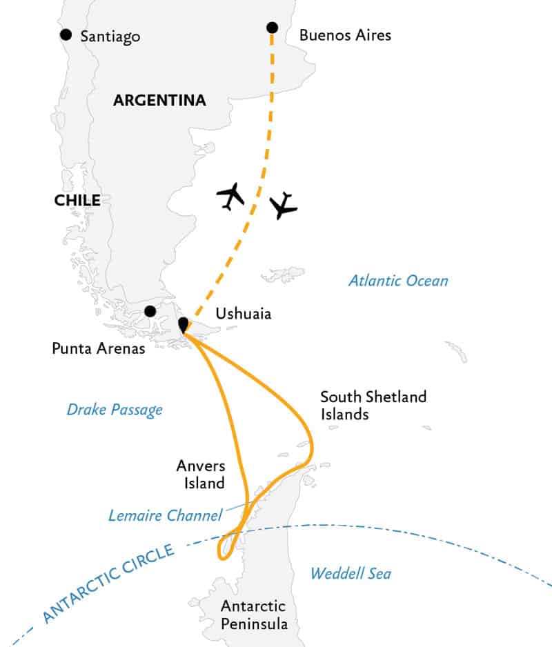 Route map of Crossing the Antarctic Circle Antarctica small ship cruise, operating round-trip from Buenos Aires, Argentina.