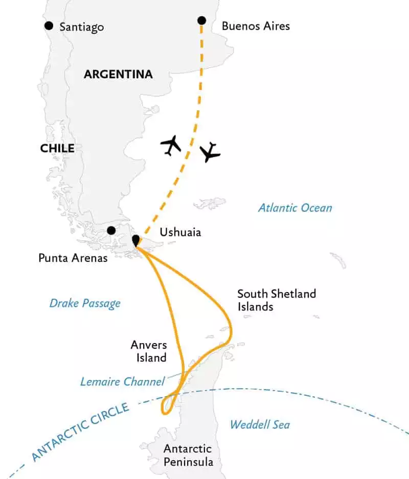 Route map of Crossing the Antarctic Circle Antarctica small ship cruise, operating round-trip from Buenos Aires, Argentina.