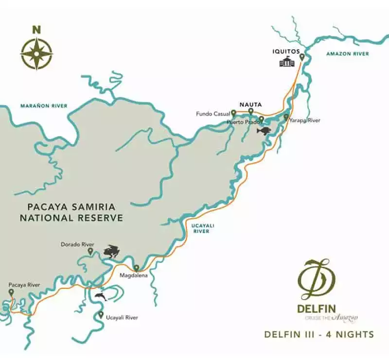 Route map of 5-Day High-Water Delfin III Amazon River Cruise, operating round-trip from Iquitos, Peru, with visits to Pahuachiro, Yanallpa, the Dorado River, the Pacaya River, Magdalena, the Yarapa River, Fundo Casual & the Rescue & Rehabilitation Center of River Mammals.
