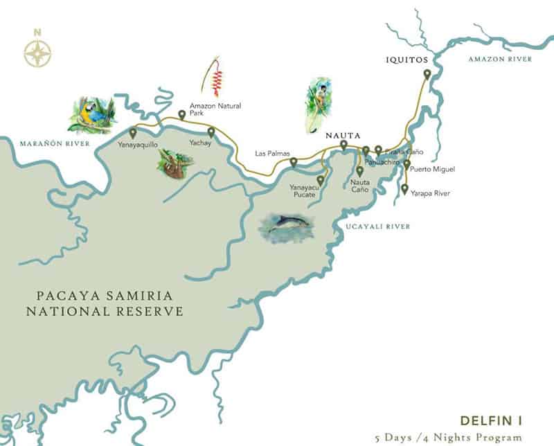 Route map of Delfin I 5-Day Amazon River Cruise, operating round-trip from Iquitos, Peru, with stops at Pahuachiro, Nauta Cano, Yanayacu Pucate, Amazon Natural Park, Yachay, Yanayaquillo, Piranha Creek, Puerto Miguel, the Yarapa River & the Rescue & Rehabilitation Center of River Mammals.