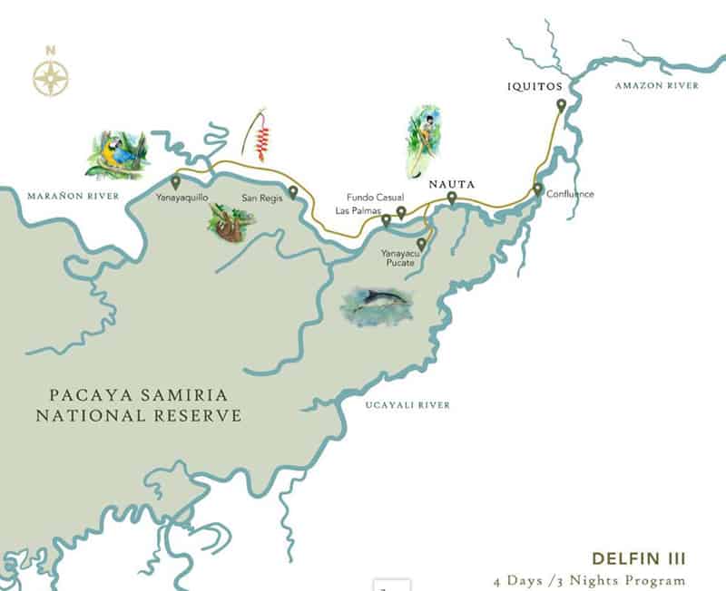 Route map of 4-Day Delfin III Amazon River Cruise, operating round-trip from Iquitos, Peru, with visits to Pahuachiro, Nauta Cano, Las Palmas, Amazon Natural Park, Yachay, Yanayaquillo, Piranha Creek & the Rescue & Rehabilitation Center of River Mammals.