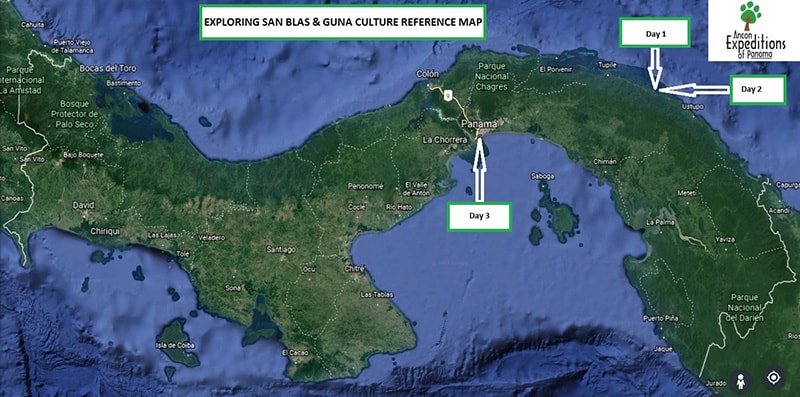 Route map of Exploring San Blas & Guna Yala Culture land tour trip extension, operating between Yandup & Panama City.