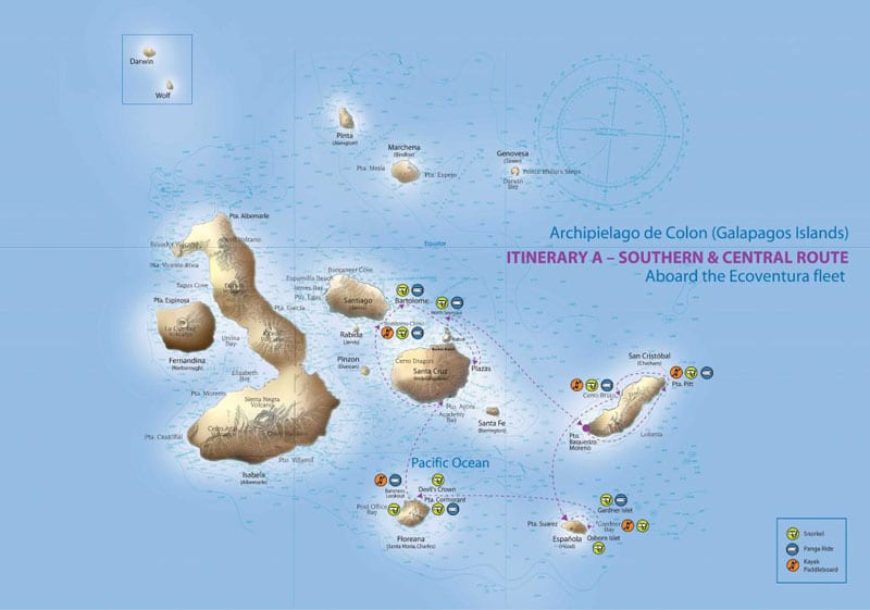 Route map of Origin, Theory, Evolve & Letty Galapagos Cruises 8-day East itinerary, operating roundtrip from San Cristobal Island with visits to Espanola, Floreana, Santa Cruz, Bartolome, South Plaza & North Seymour islands.