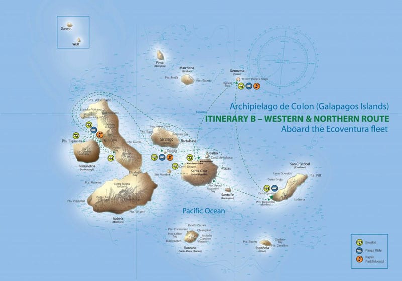 Route map of Origin, Theory, Evolve & Letty Galapagos Cruises 8-day West itinerary, operating roundtrip from San Cristobal Island with visits to San Cristobal, Genovesa, Isabela, Fernandina, Santiago and Santa Cruz islands.