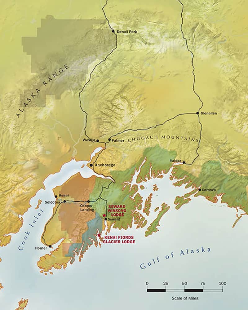 Route map of Kenai Fjords Backcountry Explorer Alaska land tour, operating round-trip from Anchorage with visits around the Kenai peninsula and national park.