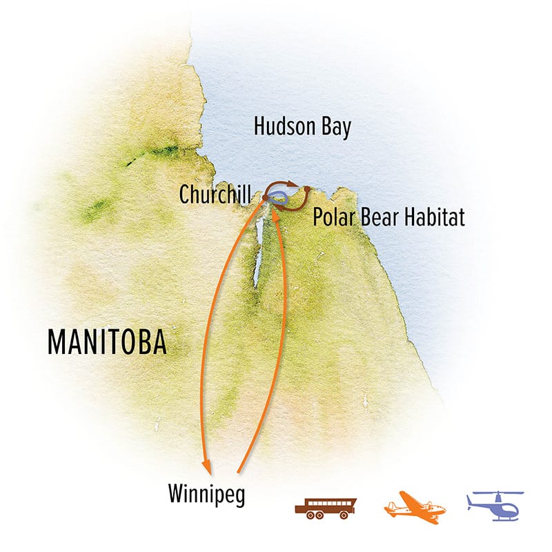 Route map of 7-day Ultimate Churchill Polar Bear Adventure, operating round-trip from Winnipeg, Manitoba, Canada, with visits to polar bear habitat near Churchill and Hudson Bay.
