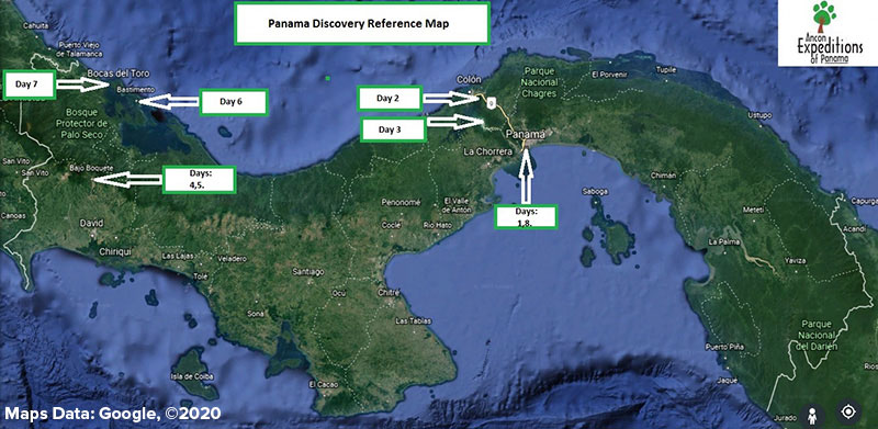 Route map of the Panama Discovery land tour, operating round-trip from Panama City, with visits to Colon, the Panama Canal, Miraflores Locks, Chiriqui, Boquete, Bocas del Toro, Bastimentos Marine National Park & Boca del Drago.