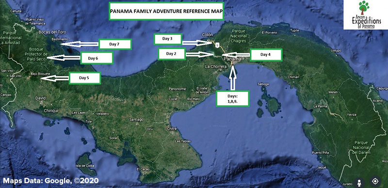 Route map of the Panama Family Adventure land tour, operating round-trip from Panama City, with visits to the Panama Canal, Chagres River, Miraflores Locks & Chiriqui Highlands, Bocas del Toro & Bastimentos Marine National Park.