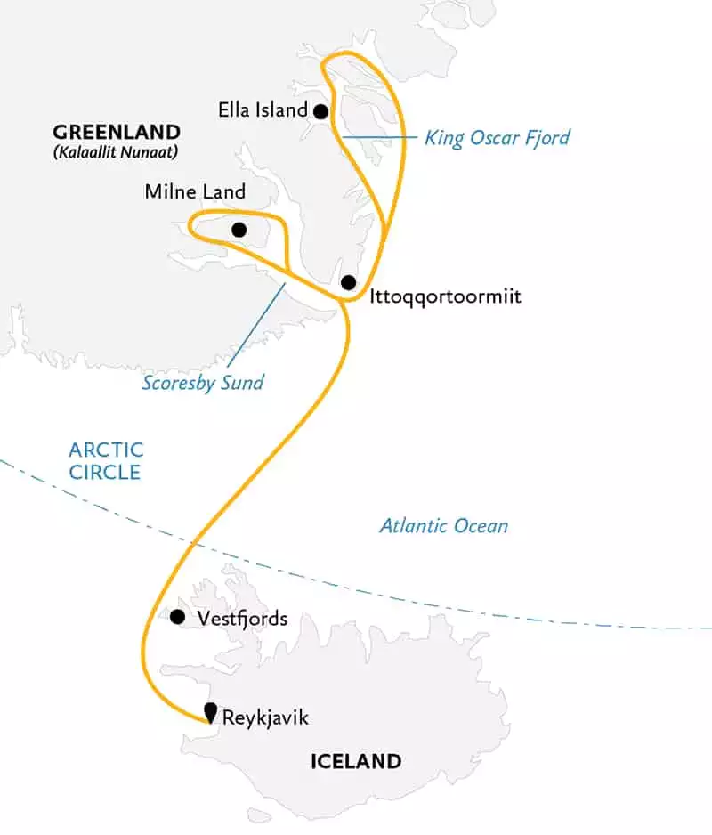 Route map of Under the Northern Lights Arctic small ship expedition, operating round-trip from Reykjavik, Iceland, with stops along the Vestfjords and southeast Greenland's Ittoqqortoormilt, Milne Land & Ella Island.