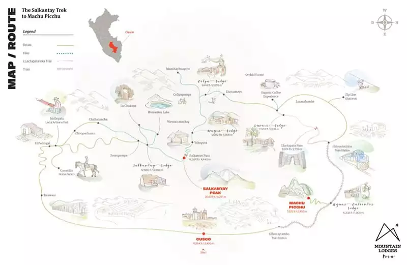 Route map of Salkantay Trek to Machu Picchu, operating in the Andes mountains, roundtrip from Cusco, Peru with stops at Salkantay Lodge, Humantay Lake, Salkantay Pass, the Santa Teresa River Valley, Llactapata Pass and Machu Picchu.