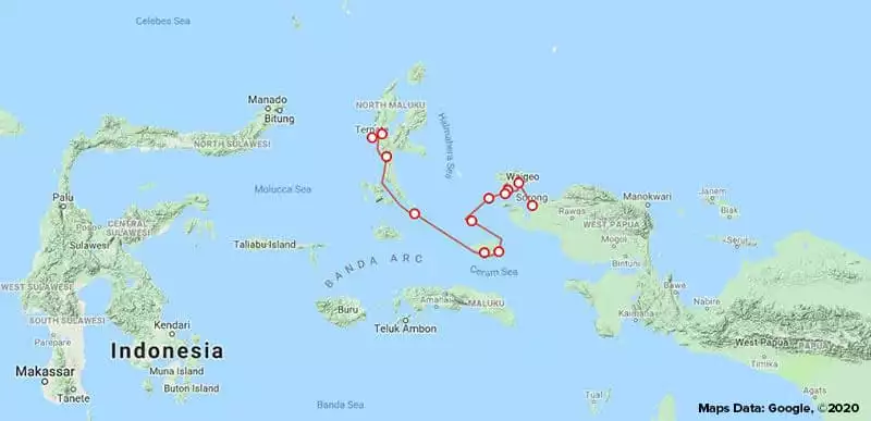 Route map for small ship cruise Sailing Indonesia: the Spice Islands main and reverse itinerary between Ternate and Sorong with stops at Halmahera, Raja Ampat, Gam and Waigeo.