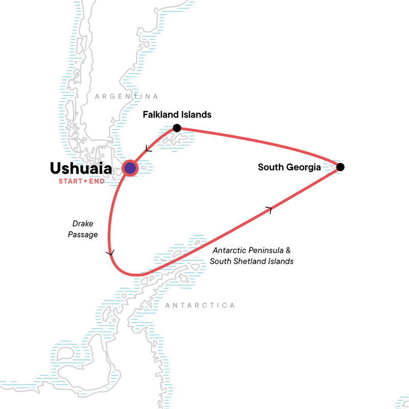 Route map showing a red line of the path of the Spirit of Shackleton aboard Expedition small ship voyage, operating round-trip from Ushuaia, Argentina with stops in the Falkland Islands and South Georgia.