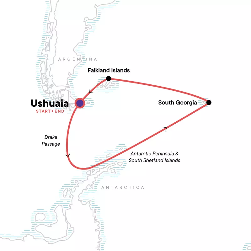 Route map showing a red line of the path of the Spirit of Shackleton aboard Expedition small ship voyage, operating round-trip from Ushuaia, Argentina with stops in the Falkland Islands and South Georgia.