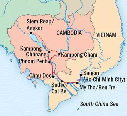 Route map of main & reverse Vietnam & Cambodia: Along The Mekong River, Including Angkor & Saigon Southeast Asia small ship cruise, operating between Siem Reap, Cambodia & Saigon, Vietnam, with visits to Angkor Wat, Kampong Cham, Wat Hanchey or Koh Dach & Angkor Ban, Kampong Chhnang & Kampong Tralach, Phnom Penh, Tan Chau or Chau Doc, Sadec, Cai Be & My Tho.