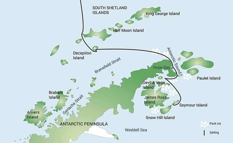 Weddell Sea Emperor Penguin cruise route map.