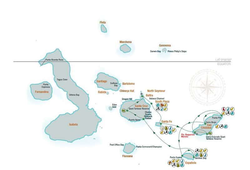 Route map for La Pinta 5-Day East Galapagos Cruise with visits to Baltra,, South Plaza, Santa Fe, San Cristobal, Espanola and Santa Cruz islands.