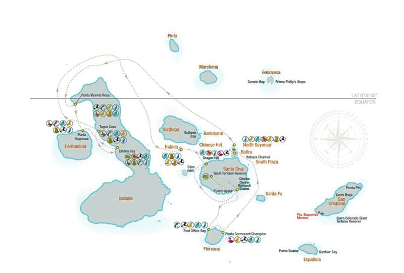 Route map for La Pinta 7-Day West Galapagos Cruise with visits to Baltra, North Seymour, Fernandina, Isabela, Rabida, Santa Cruz and Floreana Islands.