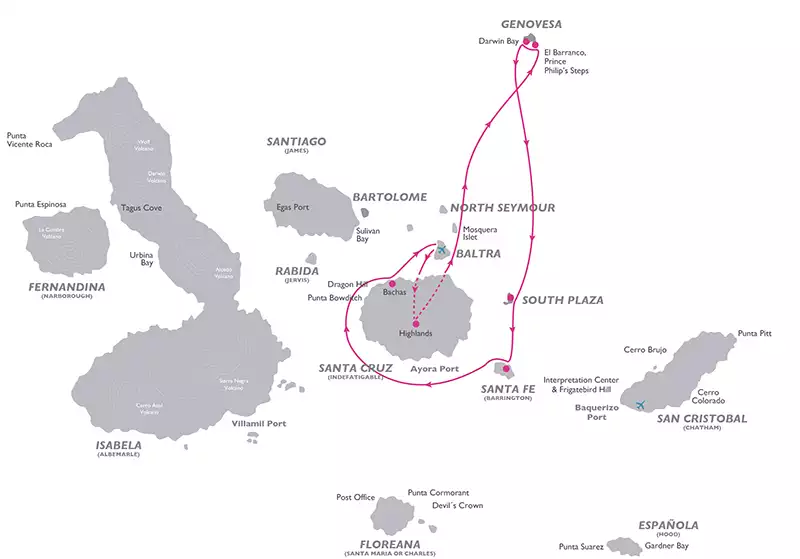 Galapagos cruise route map of the Legend 4-Day Central itinerary with visits to Santa Cruz, Genovesa and Santa Fe.