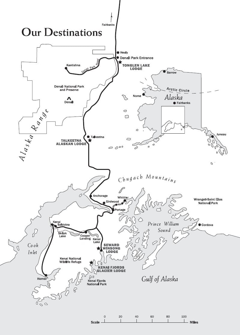 Route map of Alaska Coast to Denali Journey, operating round-trip from Anchorage with visits to the Kenai, Talkeetna & Denali NP.