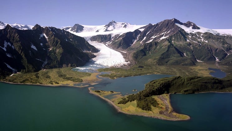 Aerial view of pedersen glacier on alaska coast to denali journey