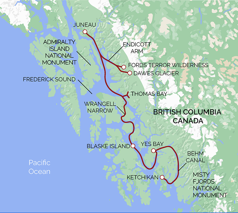 A red line on a green and blue map of the Southeast Alaska showing the route of the Alaska Fjords Glaciers Cruise between Juneau and Ketchikan