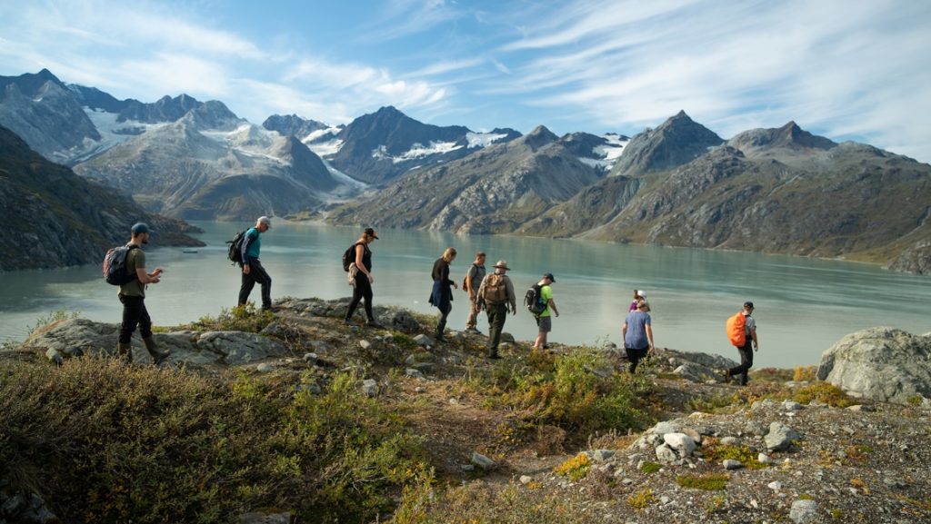 Surrounded by a jagged mountain range a group of cruise guests and a forestry ranger hike the ridgeline above Lamplugh glacier in Alaska.