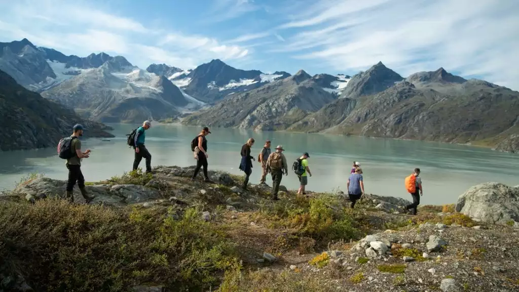 Surrounded by a jagged mountain range a group of cruise guests and a forestry ranger hike the ridgeline above Lamplugh glacier in Alaska.