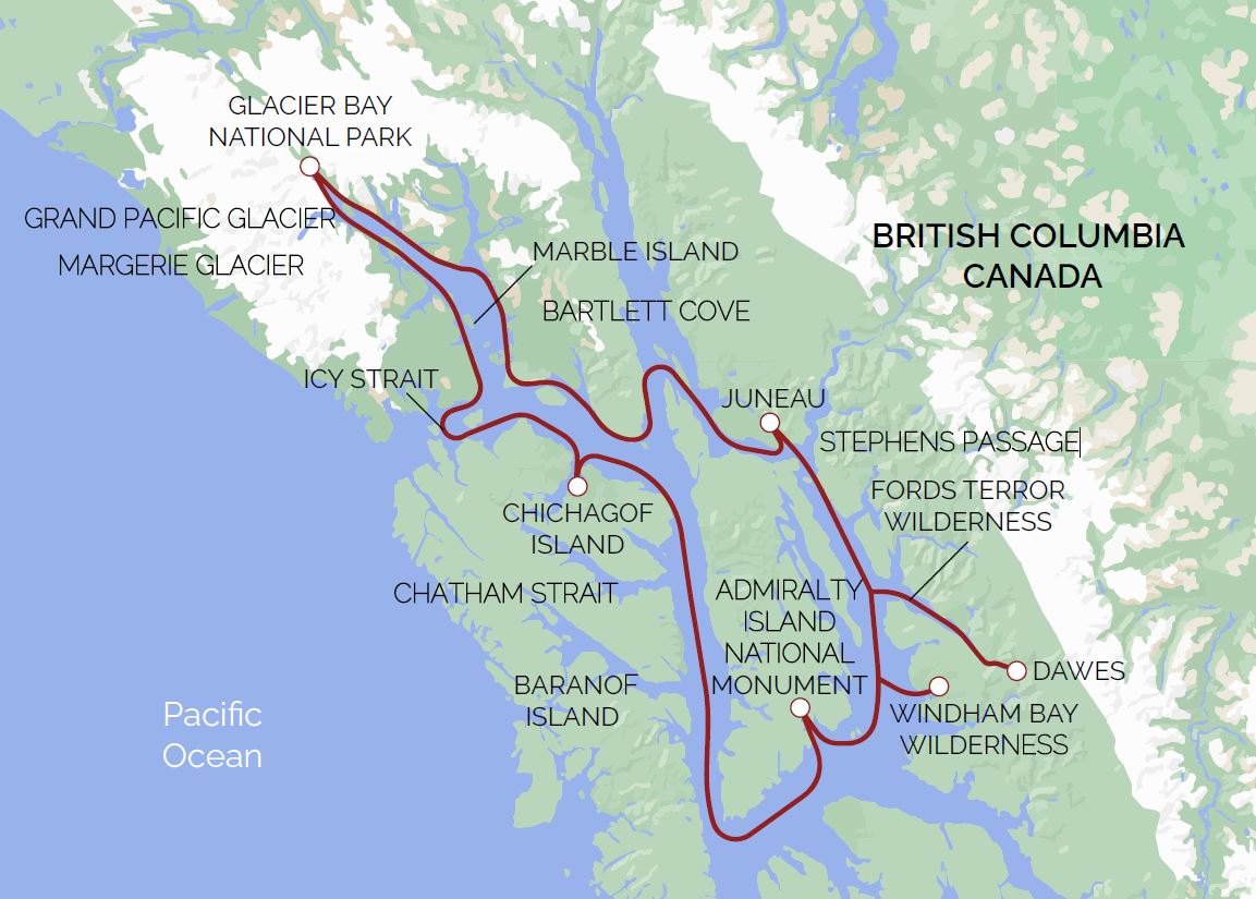 A red line on a green and blue map of the coastline of Alaska showing the route map of the Alaska's Glacier Country Cruise, roundtrip from Juneau