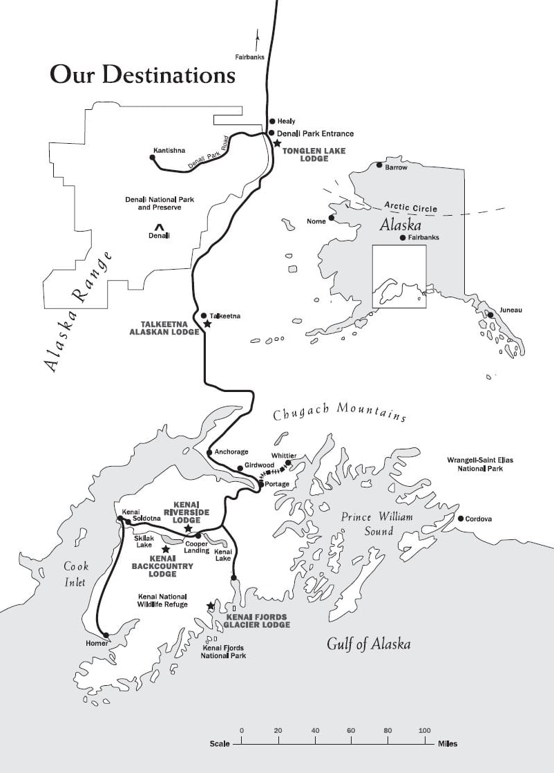Route map of Alaska Grand Adventure land tour, operating roundtrip from Anchorage, Alaska, with visits to Kenai Fjords National Park, Seward, the Kenai National Wildlife Refuge, Talkeetna & Denali National Park.
