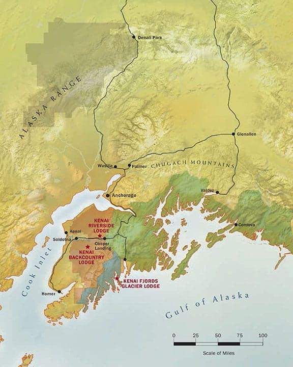 Route map of Alaska Wildland Collection land tour, operating round-trip from Anchorage, with activities in Kenai Fjords National Park including river rafting, Kenai National Wildlife Refuge exploration, Chugach National Forest activities and time spent in Seward.