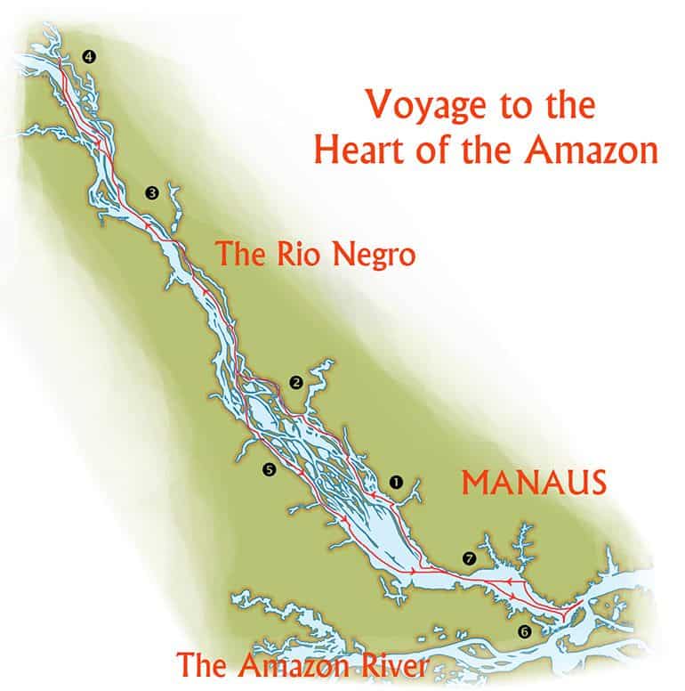 Voyage to the Heart of the Amazon, Brazil Amazon river cruise route map from Manaus up the Rio Negro.