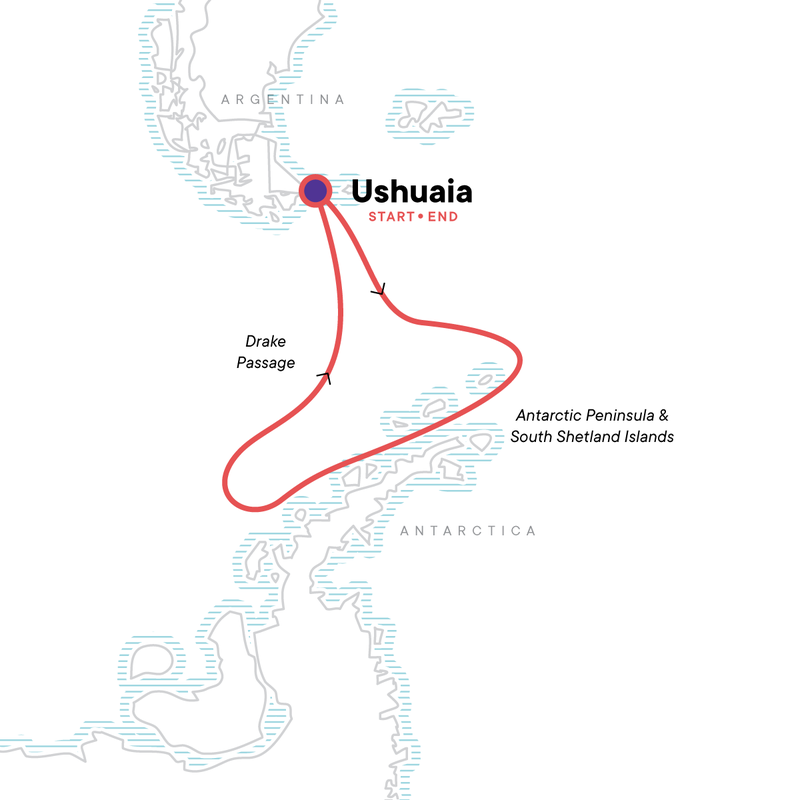 Route map showing a red line of the path of the Antarctic Peninsula aboard Expedition small ship voyage, operating round-trip from Ushuaia, Argentina with stops along the Antarctic Peninsula & South Shetland Islands.