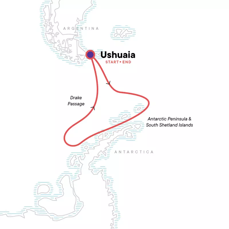 Route map showing a red line of the path of the Antarctic Peninsula aboard Expedition small ship voyage, operating round-trip from Ushuaia, Argentina with stops along the Antarctic Peninsula & South Shetland Islands.