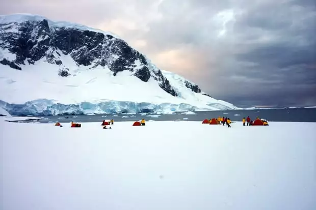 Group of people camping on shore in Antarctica