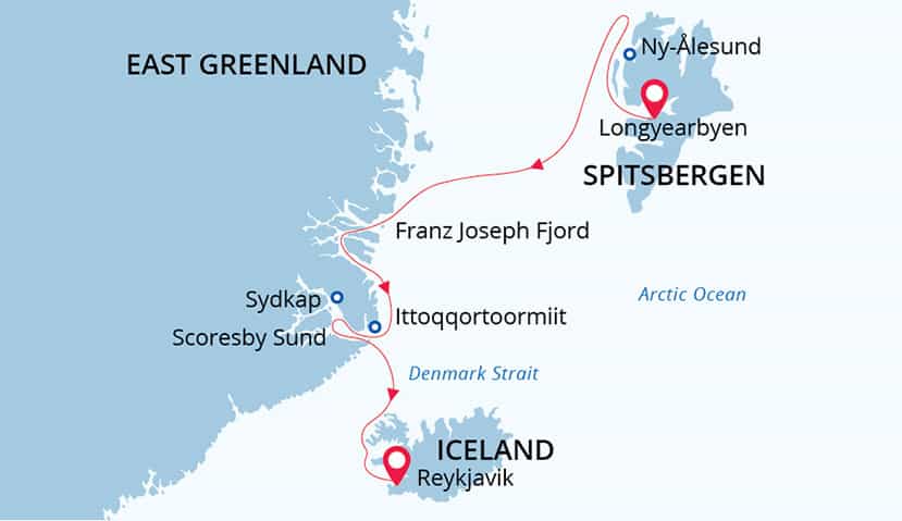 Arctic Odyssey route map from Svalbard to Iceland.