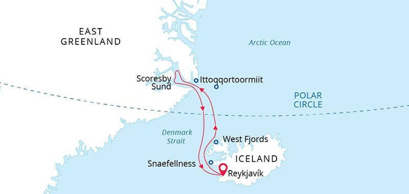 Arctic Sights Northern Lights cruise route map.