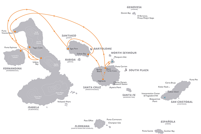 Galapagos cruise route map for 5-day Corals Western Galapagos Cruise with visits to Baltra, Santa Cruz, Isabela, Fernandina and Santiago islands.