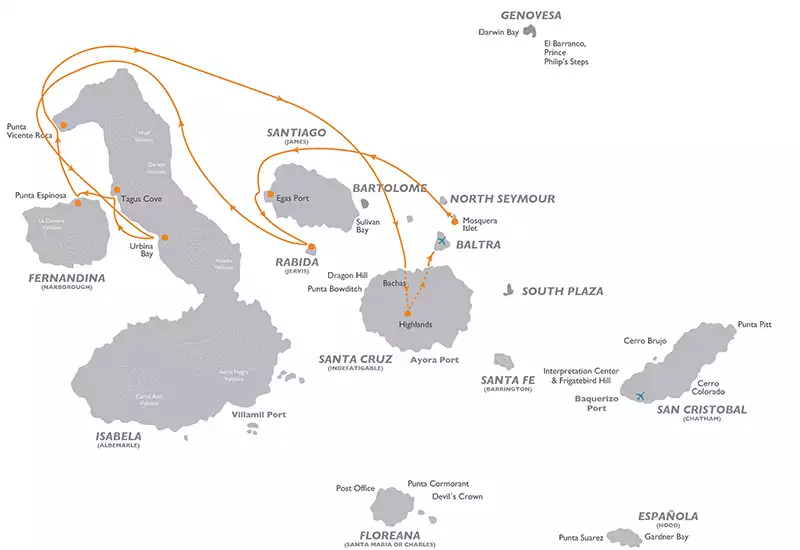 Galapagos cruise route map of the Legend 5-Day West itinerary with visits to Baltra, Mosquera Islet, Santiago, Rabida, Isabela, Fernandina and Santa Cruz.
