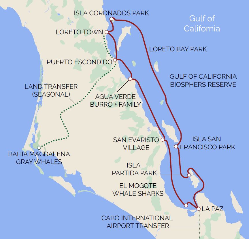 A map shows a red line of the Baja California whales and wildlife cruise with stops to La Paz, Loreto, Isla Coronados and more.