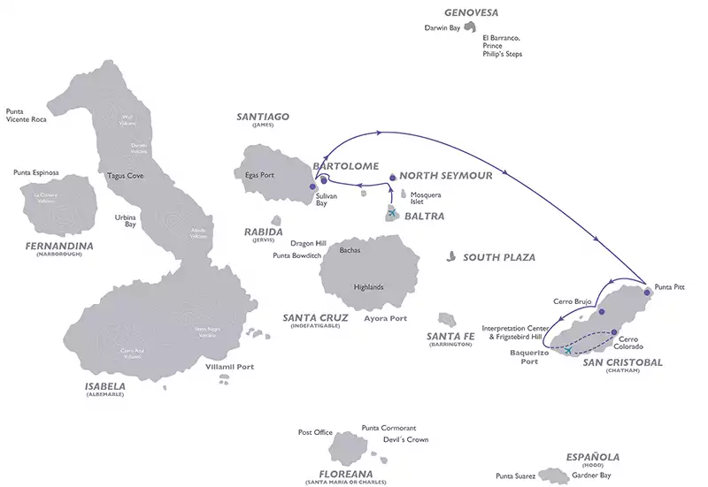 Galapagos cruise route map of the Legend 4-Day East itinerary with visits to Bartolome, South Plaza, North Seymour and San Cristobal islands.