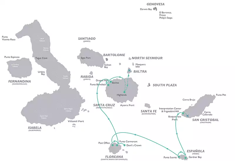 Galapagos cruise route map of the Legend 5-Day South itinerary with visits to Floreana, Espanola, Santa Cruz and San Cristobal