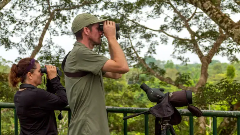 Guide & woman look through binoculars from treetop observation tower with spotting scope beside them at La Selva EcoLodge.