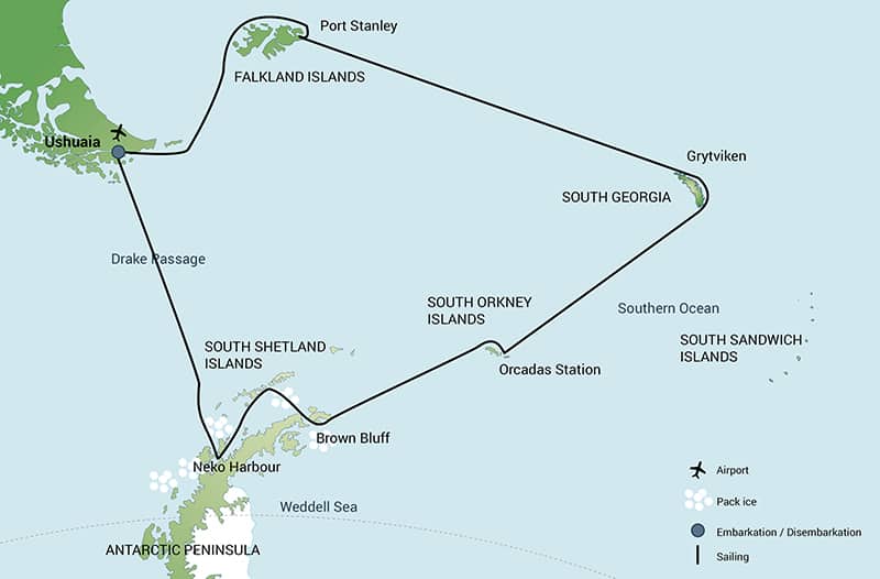 Route map of Falklands, South Georgia & Antarctica small ship cruise, operating roundtrip from Ushuaia, Argentina with stops at the Falkland Islands, South Georgia, the South Orkney Islands and the Antarctic Peninsula.