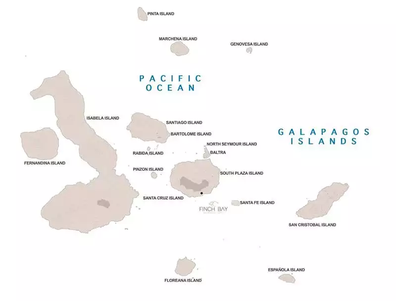 Galapagos Discovery route map with stays at Finch Bay Eco Hotel.