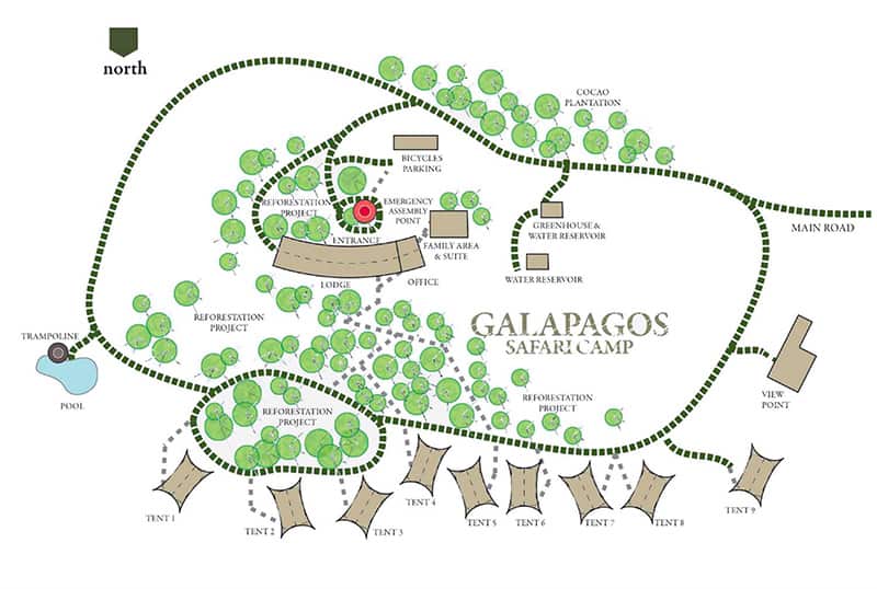 Map of Galapagos Safari Camp on Santa Cruz Island, showing a path connecting 9 luxury tents, 1 family suite, the lodge, trampoline, pool, bicycle parking area, greenhouse & water reservoir and the viewpoint.