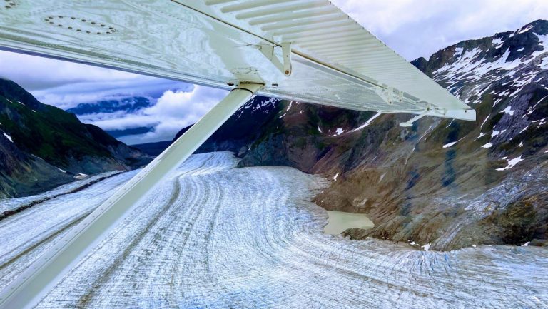 View from under white wing of small flightseeing plane, looking onto large glacier between mountains, seen in Glacier Bay.