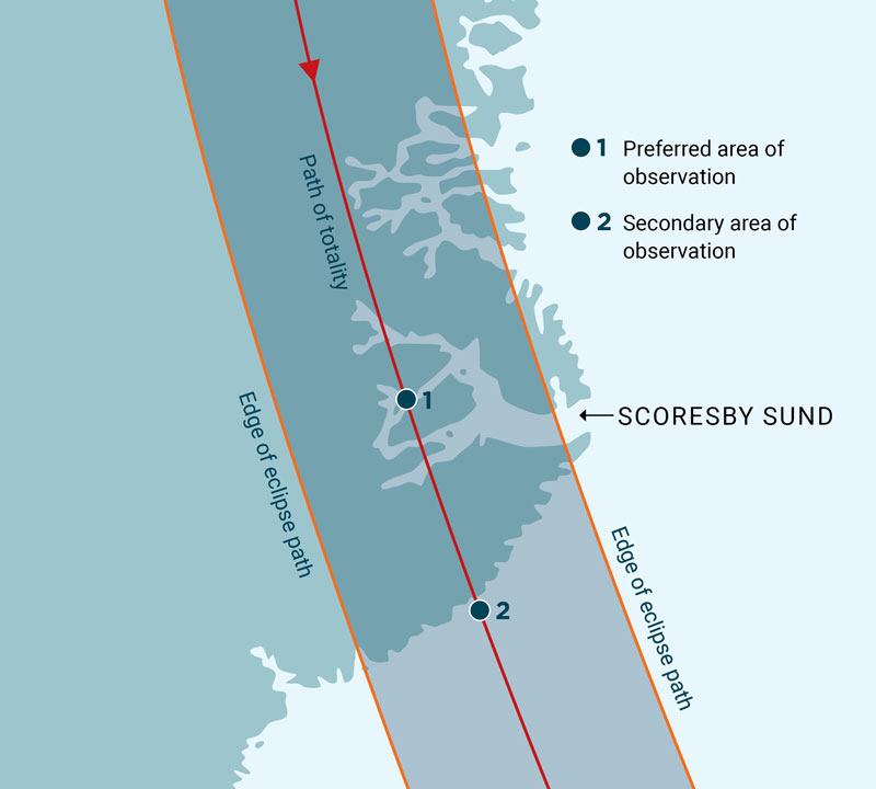 Map showing the path of totality & where the ship aims to be positioned within it, in Scoresby Sund, on the Northeast Greenland Solar Eclipse Explorer Voyage.