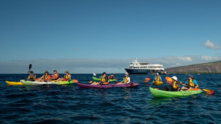 Group of tandem kayakers paddle green & purple boats by remote Hawaiian island & small ship with blue hull & white upper decks.