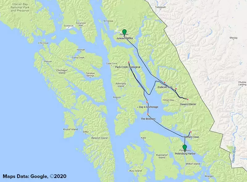 Route map of main & reverse Alaska’s Eastern Passages small ship cruise, operating between Juneau and Petersburg with possible visits to the Brothers Islands, Pack Creek, Wood Spit, Dawes Glacier & Ford's Terror.