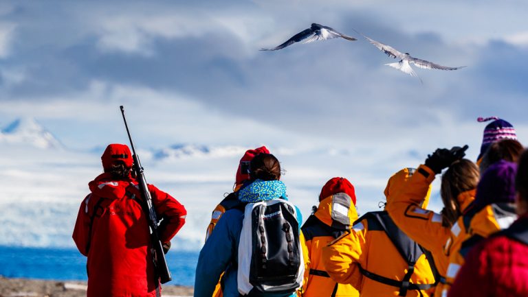 Spitsbergen travelers in yellow jackets follow a guide with a shotgun in a red jacket, looking up at birds with icefields beyond.